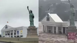 Só a estátua acima d’água: o antes e depois de loja da Havan inundada no RS