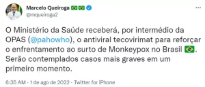 Ministro da Saúde diz que Brasil vai receber antiviral para enfrentamento da varíola dos macacos