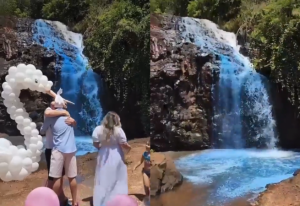 Casal tinge cachoeira durante chá revelação e é alvo de críticas