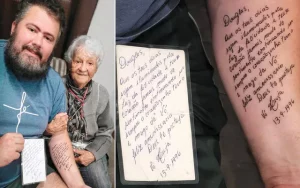 Avó se emociona ao ver cartão de aniversário escrito há 26 anos em tatuagem do neto: ‘Coisa linda’