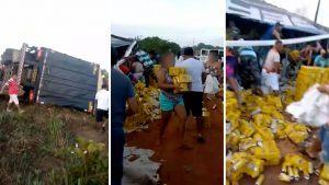 Caminhão tomba e carga de cerveja é saqueada no Pará