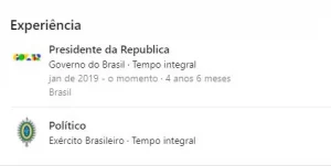 Em perfil no LinkedIn, Bolsonaro continua como presidente do Brasil